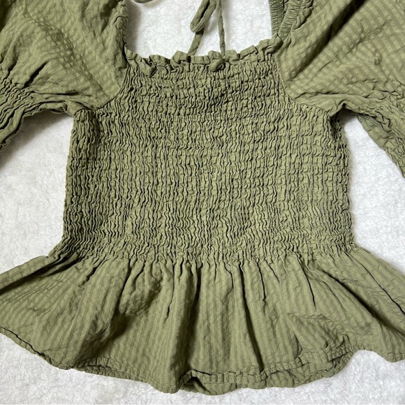 Topshop Green Shirred Long Sleeve Peplum Hem Blouse Size 2 - Picture 6 of 13